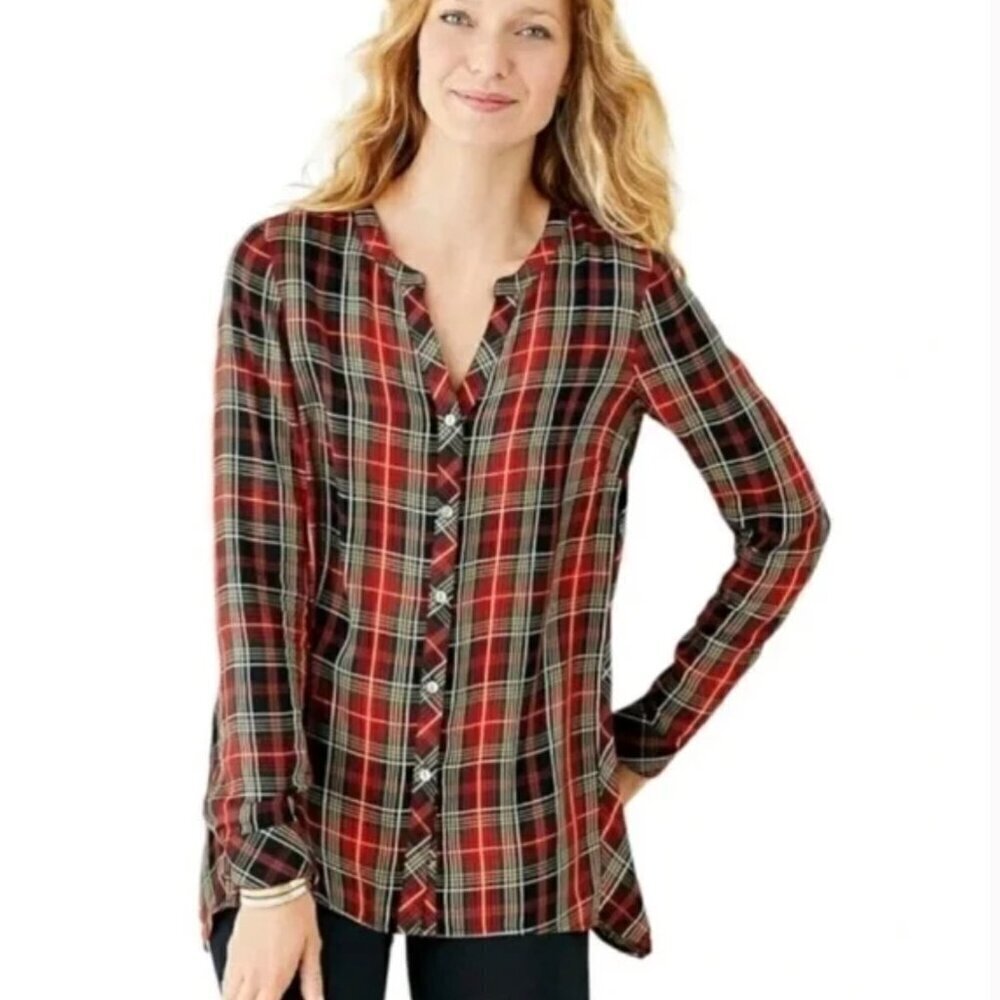 J Jill Plaid Tartan V-Neck Button Front Blouse Women’s Sz S Shark Bite Hem Xmas
